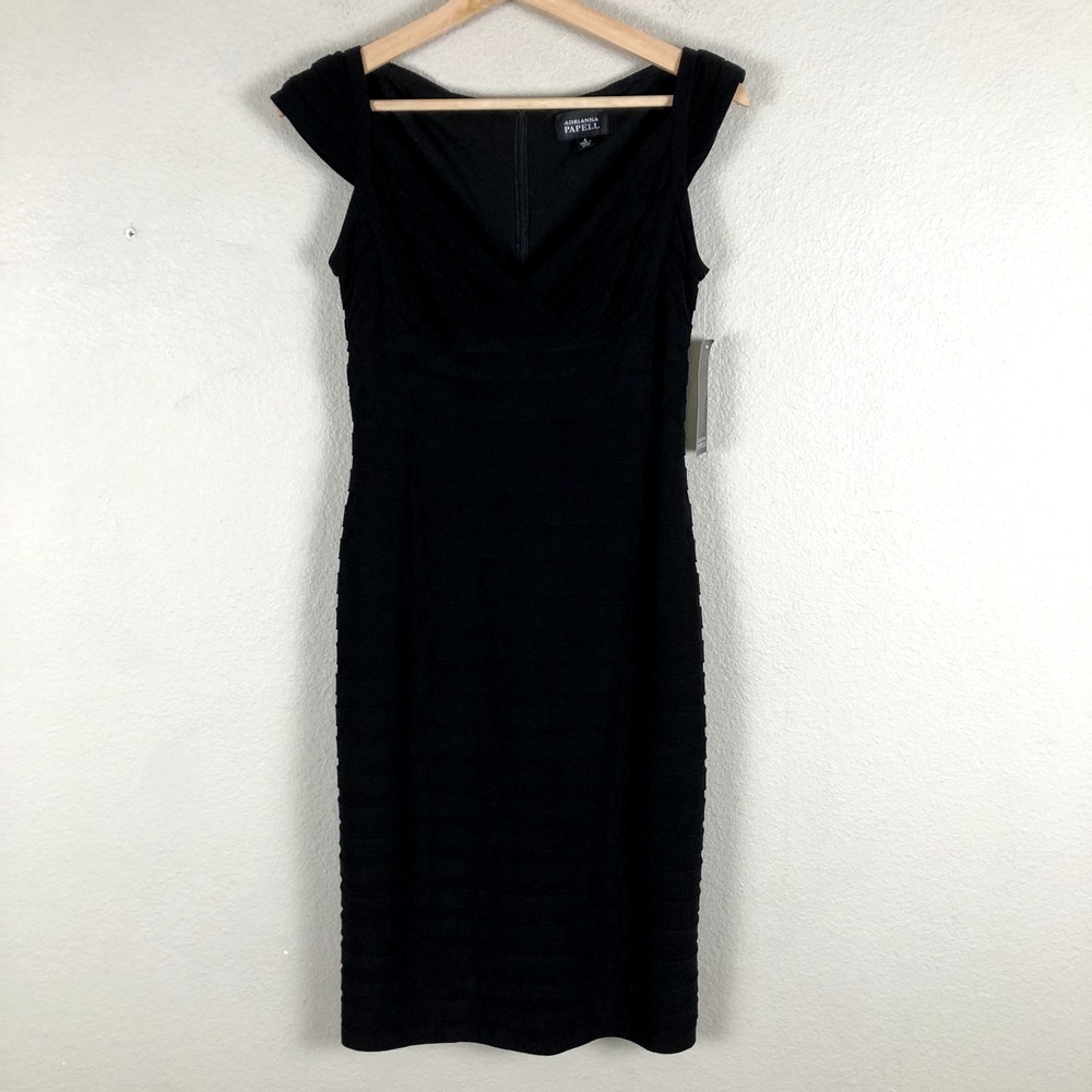 Adrianna Papell Classic Dress Womens 4 Black Stretch Tiered V Neck Cap Sleeve